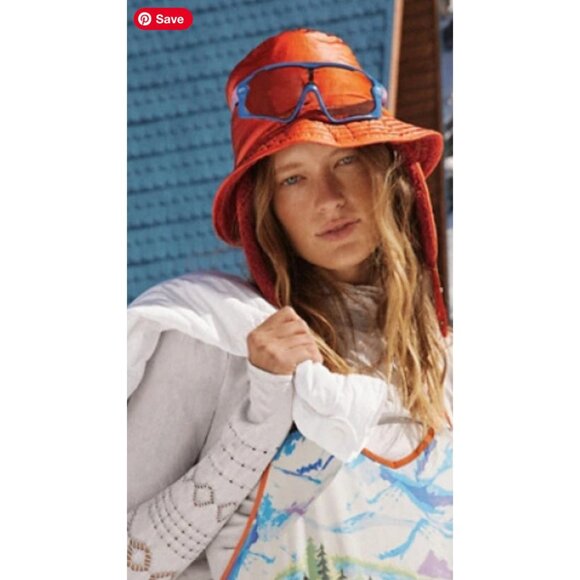 Free People FP Movement Red Orange Bucket Hat Trapper Reversible Sherpa Flap NWT